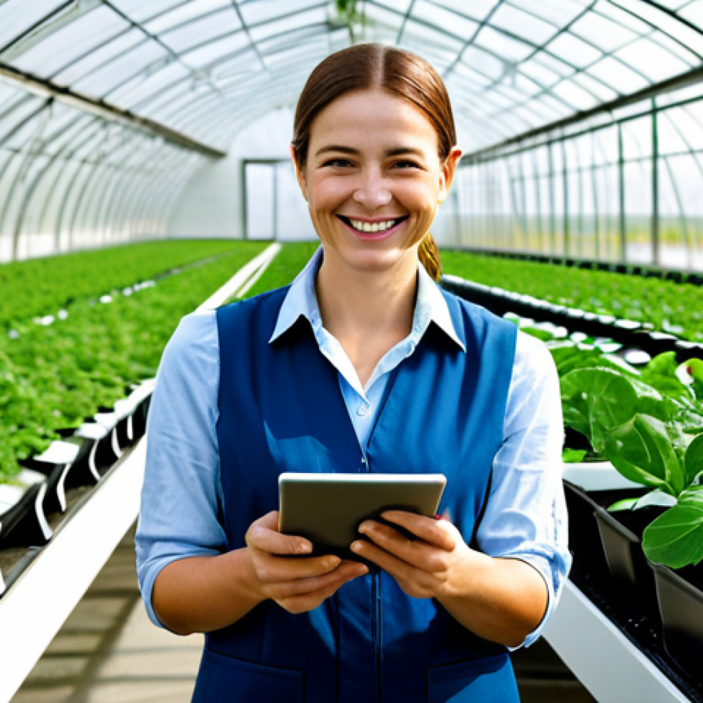 A confident female 'new farmer' in her 30s, wearing modest, professional-casual work attire, standing inside a pristine, state-of-the-art smart greenhouse. She holds a tablet, reviewing data with a slight, satisfied smile. Lush, healthy green plants surround her, with visible elements of automated irrigation systems and environmental sensors. Bright, natural sunlight fills the space. High-resolution, professional photography, soft natural lighting, detailed textures, realistic rendering. Fully clothed, appropriate attire, professional dress, perfect anatomy, correct proportions, natural pose, well-formed hands, proper finger count, natural body proportions, safe for work, appropriate content, family-friendly.
