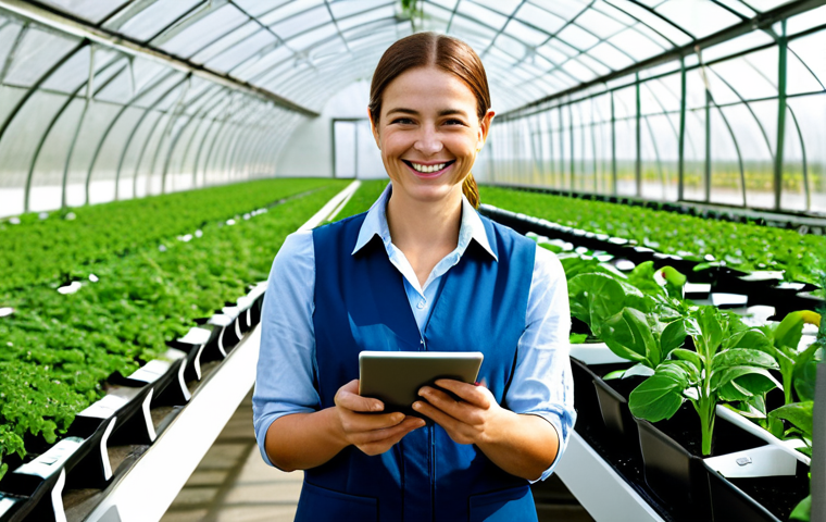 A confident female 'new farmer' in her 30s, wearing modest, professional-casual work attire, standing inside a pristine, state-of-the-art smart greenhouse. She holds a tablet, reviewing data with a slight, satisfied smile. Lush, healthy green plants surround her, with visible elements of automated irrigation systems and environmental sensors. Bright, natural sunlight fills the space. High-resolution, professional photography, soft natural lighting, detailed textures, realistic rendering. Fully clothed, appropriate attire, professional dress, perfect anatomy, correct proportions, natural pose, well-formed hands, proper finger count, natural body proportions, safe for work, appropriate content, family-friendly.