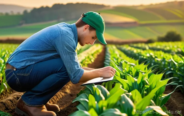 농업기술 자격증 취득 팁 총정리 - **A dedicated young agronomist in a vibrant crop field.** The image features a diverse, fully clothe...