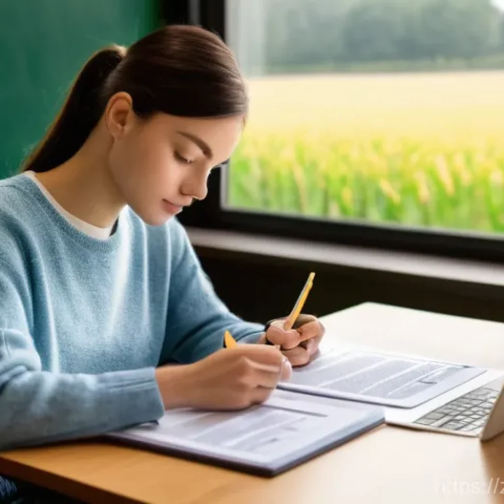 농업기술 자격증 필기 공부법 - A young woman, neatly dressed in a comfortable, modest sweater and jeans, is seated at a bright, org...