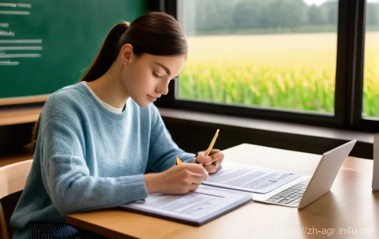 농업기술 자격증 필기 공부법 - A young woman, neatly dressed in a comfortable, modest sweater and jeans, is seated at a bright, org...