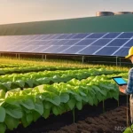 농업기술 자격증의 실효성 분석 - **Prompt:** A vibrant, futuristic smart farm at sunrise. In the foreground, a diverse group of indiv...
