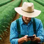 농업기술 자격증 학습 앱 추천 - **Prompt 1: "On-the-Go Learning in the Field"**
    A focused male farmer, aged 40-50, with weathere...