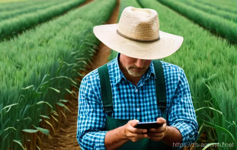 농업기술 자격증 학습 앱 추천 - **Prompt 1: "On-the-Go Learning in the Field"**
    A focused male farmer, aged 40-50, with weathere...