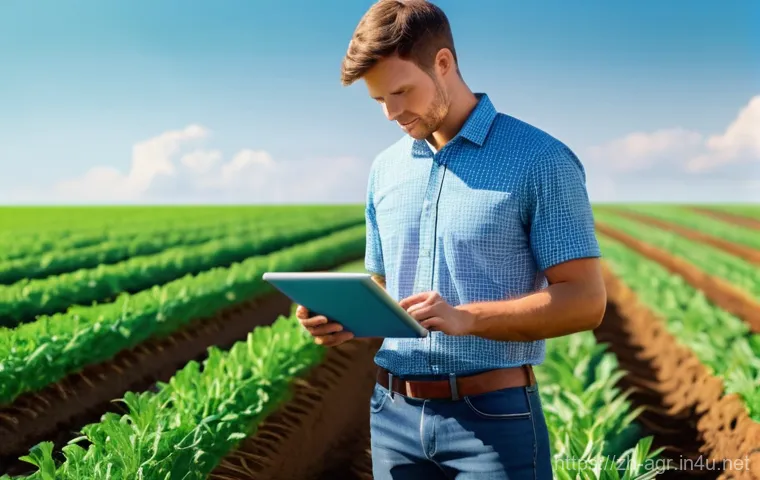 농업기술과 스마트팜 접목 사례 - **Prompt:** A serene, sun-drenched agricultural field stretches into the distance under a clear blue...