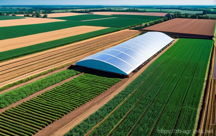 농업기술과 스마트팜 접목 사례 - **Prompt:** A serene, sun-drenched agricultural field stretches into the distance under a clear blue...